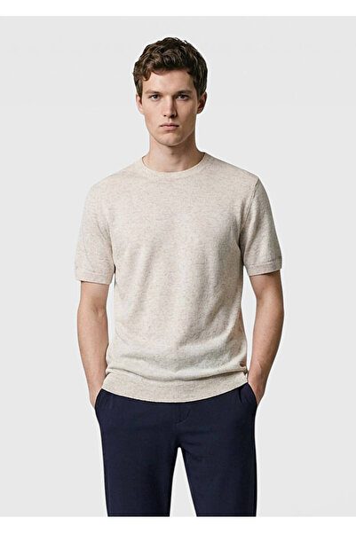 Ramsey Beige Crew Neck Plain Knit Linen Blend Knitwear
