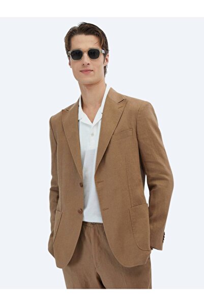 Kip Καφέ ίσιο μοντέρνο κοστούμι από 100% λινό