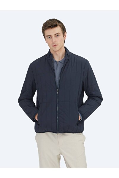 Kip Navy Blue Regular Fit Stand Collar Casual Woven Coat