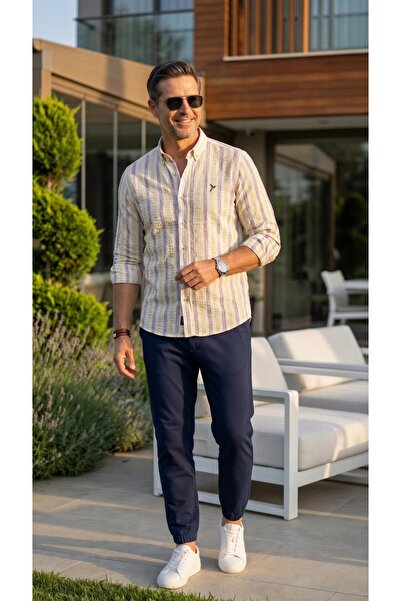 MEGALDİ Erkek Slim Fit Kesim Bordo Sarı Likralı Gofre Desenli Çizgili Uzun Ko...