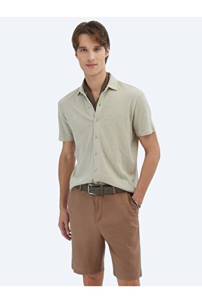 Kip Bej Düz Regular Fit Casual Pamuk Karışımlı Gömlek