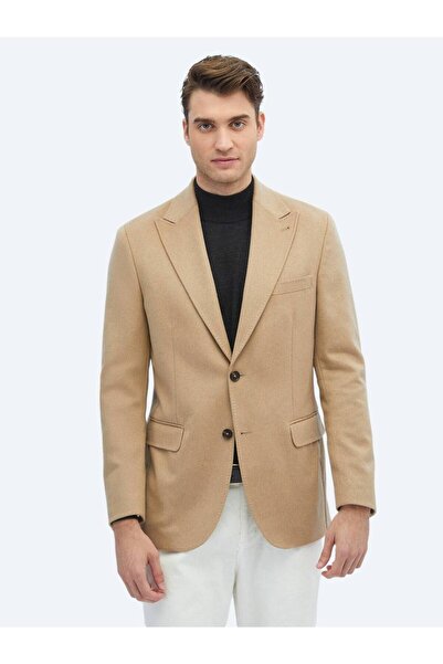 Kip Bej Düz Modern Fit Yün Karışımlı Ceket