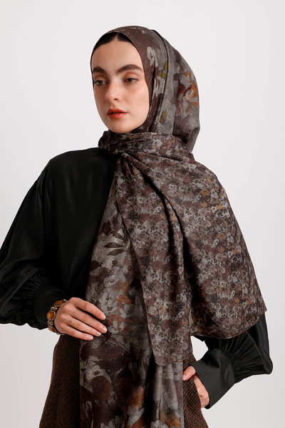 Ayshara Menekşe Çiçek Desenli Çift Taraf Şal - Kahverengi