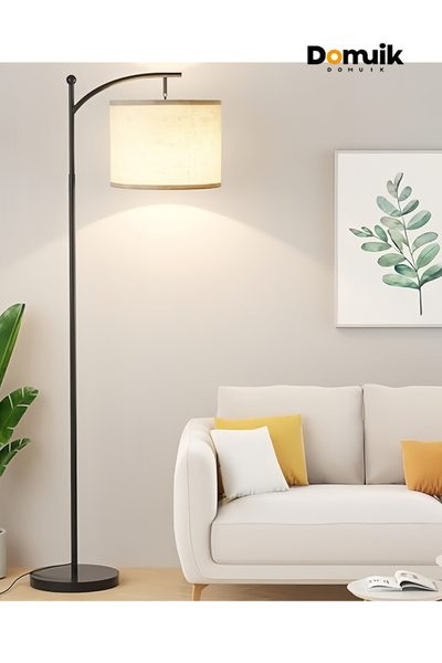 Domuik مصباح أرضي ليد نورديك بثلاثة ألوان مع غطاء كتان قابل للتعديل ودرجات حر...