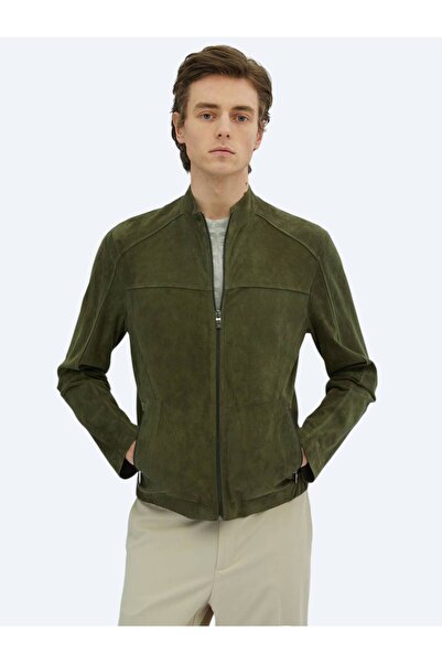 Kip Khaki Regular Fit Mock Neck Smart Casual Leather Coat