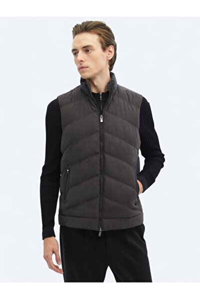 Kip Antrasit Regular Fit Dik Yaka Casual Dokuma Spor Yelek