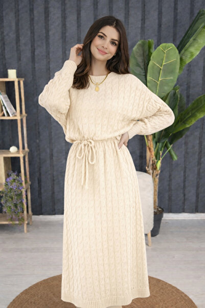 DOQU MILANO KADIN BİSİKLET YAKA SAÇ ÖRGÜLÜ YUMOŞ ELBİSE