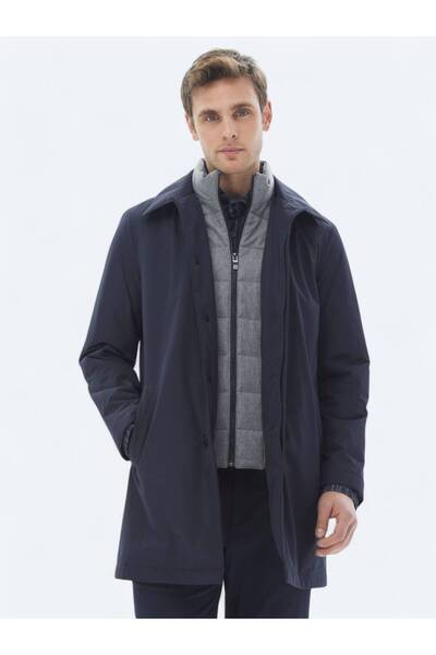 Kip Lacivert Regular Fit Bebe Yaka Casual Dokuma Pardesü