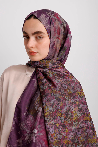 Ayshara Violet Floral Patterned Double-Sided Shawl - Plum Pink