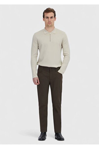 Ramsey Pantaloni slim din bumbac, cu țesătură simplă, kaki