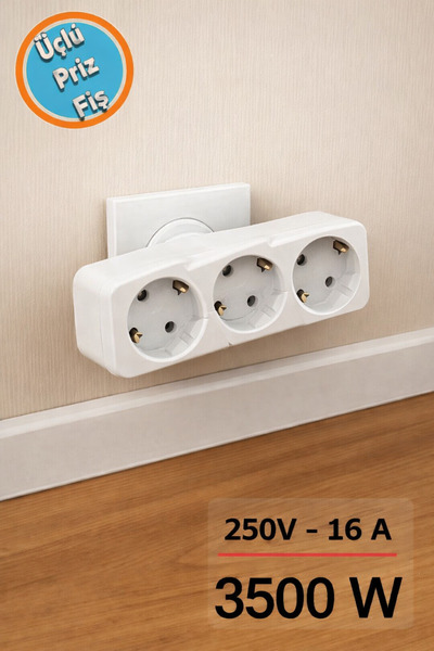 Ecuy Üçlü Golyat Düz Fiş Priz 250V 16A 3500W Güçlü Priz Çoklayıcı Üçlü Fiş Ad...