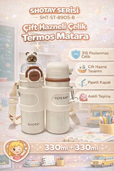 Shotay Termos Matara 330 ml + 330 ml Çift Hazneli 316 Çelik Pipetli Krem – SH...