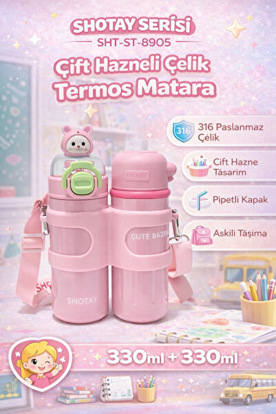 Shotay Termos Matara 330 ml + 330 ml Çift Hazneli 316 Çelik Pipetli Pembe – S...