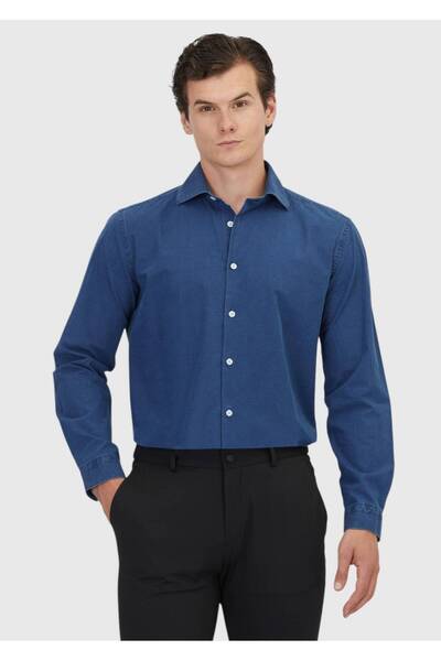 Ramsey Ανοιχτό Indigo Plain Casual Fit Woven Casual πουκάμισο από 100% βαμβάκι