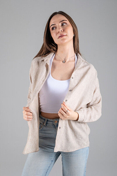 Maison La Femme Kadın Uzun Kollu Keten Gömlek Rahat Kalıp