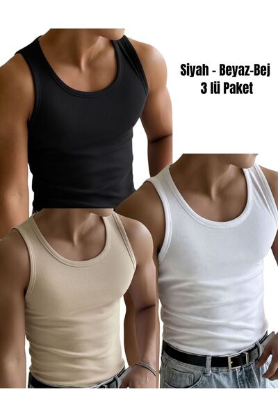 Riowela Erkek Halter Yaka Sporcu Likralı Atlet Siyah-beyaz-bej 3 'lü Paket