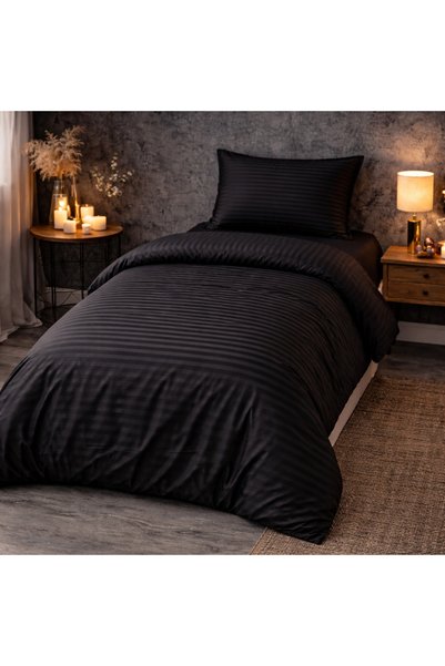 vionetta Striped Cotton Satin Black Hotel Series Single Duvet Cover Set with Elastic Sheets