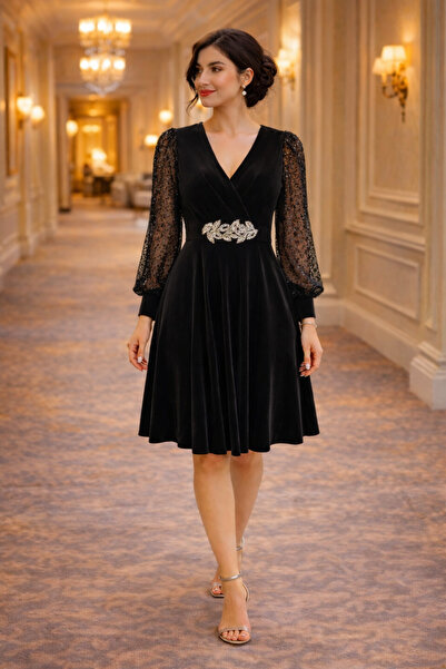 Divin store Rochie de seara din catifea neagra cu maneci din organza cu paiete