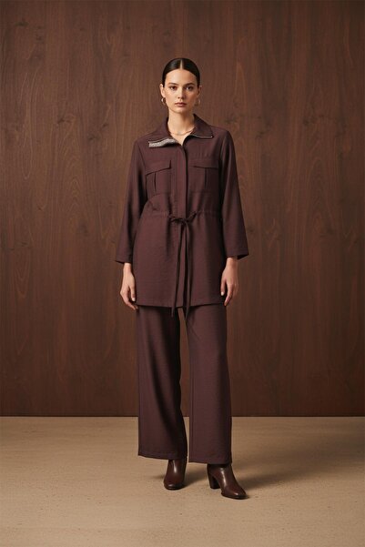 Puane Kadın Patı Taşlı Belden Tünelli Takım - 14381TKS - Bordo