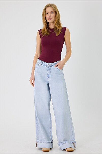 cracpot Kadın Yüksek Bel Cotton Geniş Paça Loose Fit Jean Pantolon