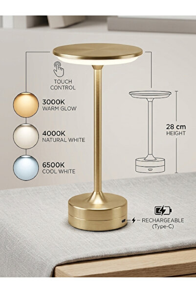 Senipa Masa Lambası Şarjlı 3 Renk Gold Kasa Düz Model (3000K - 4000K - 6500K)...