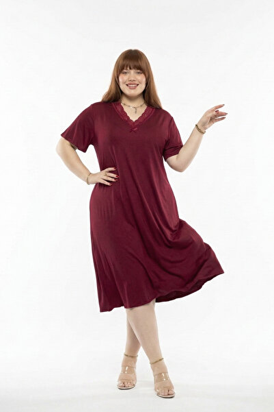 Mivoon Bambu Kumaş Dantel Yaka Detaylı Kloş Elbise 7XL