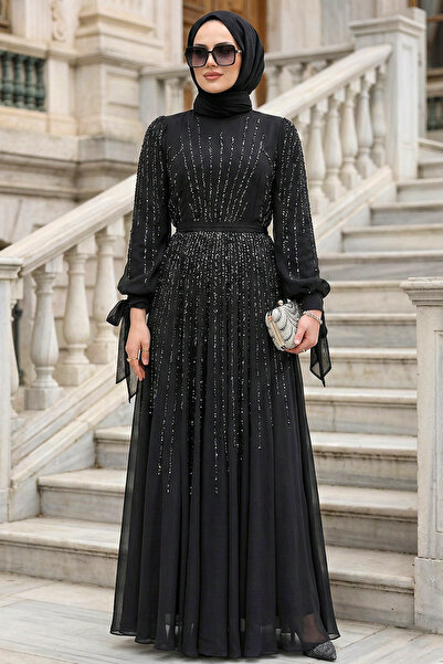 N.S NEVA STYLE Βραδινό φόρεμα με χάντρες μαύρο χιτζάμπ 25913S