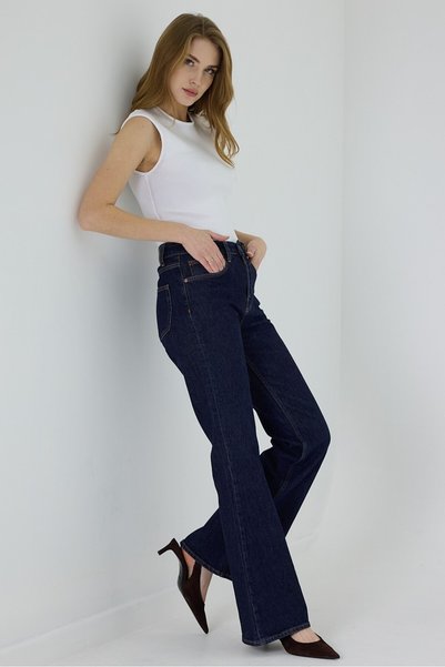 cracpot Women's Navy Blue Enzyme Wash Flare Jean Pants – High Waist Spanish Flare 100% Cotton Denim