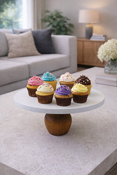 justwood 30 cm. Mdf Beyaz Tabak Nar Model Ahşap Ayaklı Pasta Sunum Tabağı