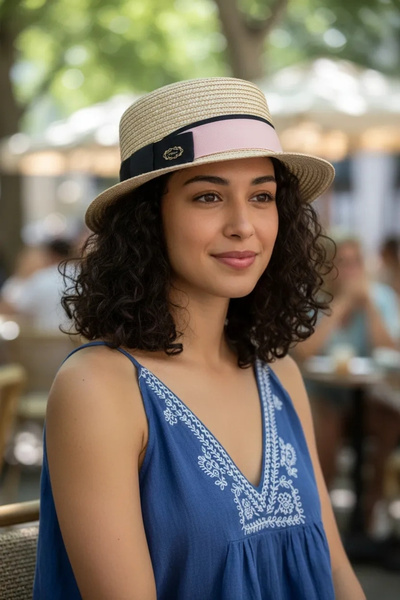 Bay Şapkacı قبعة نسائية مخططة من القش 1081