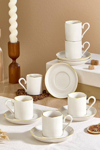 Kitchen Life 12 Parça 6 Kişilik Porselen Altın Yaldızlı Çizgili Kahve Fincan ...