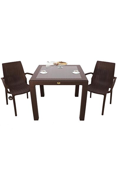 Mandella Elit Rattan 90x90 2 Kişilik Nirvana Koltuk Camlı Masa Takımı Kahverengi