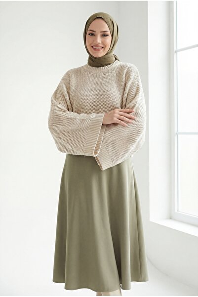 MİHRA STORE Yaser Geniş Kol Triko Kısa Kazak-KR5076 Taş