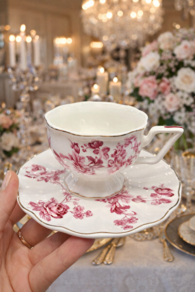 Ogeda Home, Mien 2 Kişilik Kahve Fincanı Takımı-Pembe Çiçek Desenli Gold Deta...