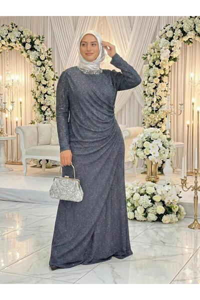 Butik büyük beden Kendinden Simli Yanı Taşlı Lüks Abiye