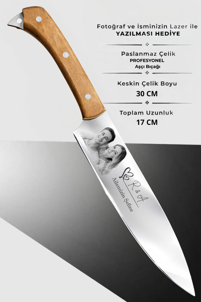 Üniformanya Baş Harf & Fotoğraflı Kişiye Özel Şef/Aşçı Bıçağı | Paslanmaz Çel...