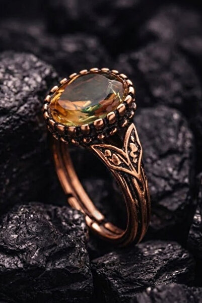 OSMANLI GÜMÜŞ خاتم نحاسي نسائي - خاتم نحاسي من نوع زالتانيت طبيعي مرصّع بالأح...