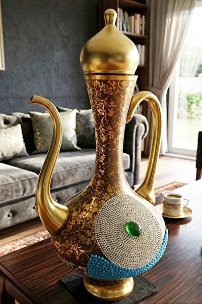 DECOSTYLE Saraylı Firuze Gold Yaldızlı Cam İbrik Sürahi 34 Cm - Dekoratif Lük...