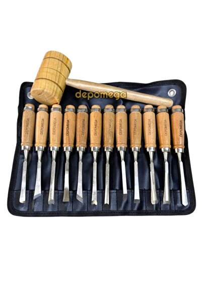 DepoMega 12 Parça İskarpela Ahşap Saplı Oyma Seti + Tokmak