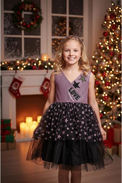 Hilal Akıncı Kids Kız Çocuk Yıldızlı Simli Love Model Abiye Elbise