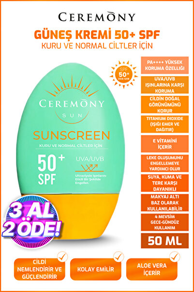 Ceremony UVA-UVB Yüksek Koruma Doğal Görünümlü Hızlı Emilen 50+SPF Güneş Krem...