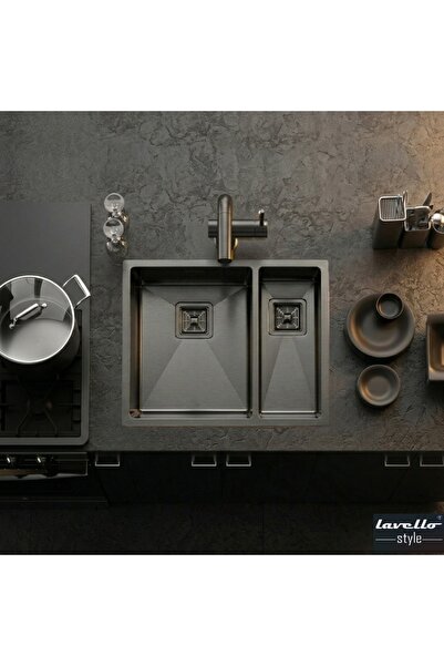 LAVELLO STYLE Doppio Ochio Pvd Kaplama 44×58 Füme Siyah Paslanmaz Çelik Mutfa...