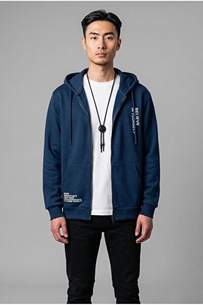 Altamira سترة رجالية من القطن بسحاب من نوع Believe مطبوع بغطاء رأس باللون الأ...