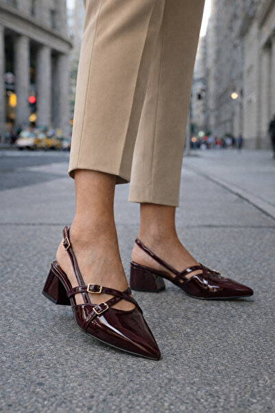 Xilway Kadın Bordo Sivri Burun Mary Jane Kısa Topuklu Günlük Klasik Babet