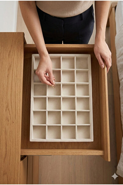 Jewelbox Süet Kumaş Krem Renk 34x24 cm 24 Bölmeli Çekmece İçi Takı Stand