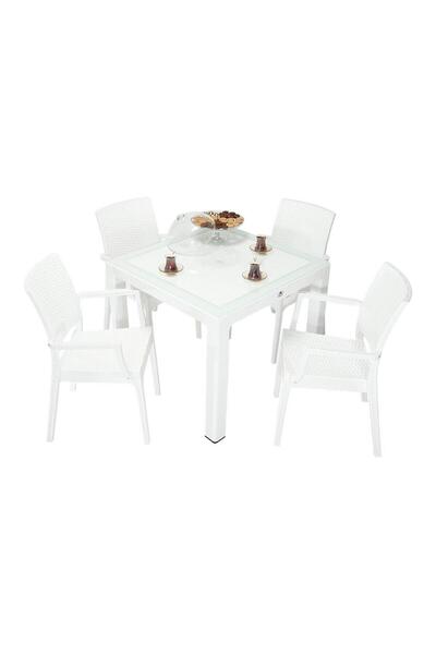 Mandella Elit Rattan 90x90 Elit Koltuk Camlı Masa Takımı BEYAZ