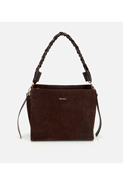 Hotiç Kadın Süet Deri Kahverengi Örgü Askı Detaylı Omuz Çantası