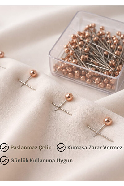 Nazarone 100 Adet İri Başlı Rose Gold Toplu İğne, Eşarp Başörtüsü Düğün Nikah...