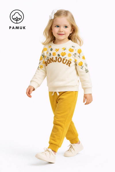 HK HOPKİDS Kız Çocuk Çiçekli Süzene Nakışlı İki iplik Kumaş Alt Üst Takım