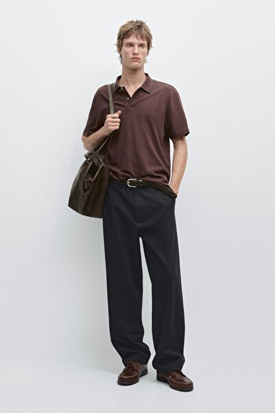 Massimo Dutti Kısa kollu keten pamuklu polo yaka t-shirt